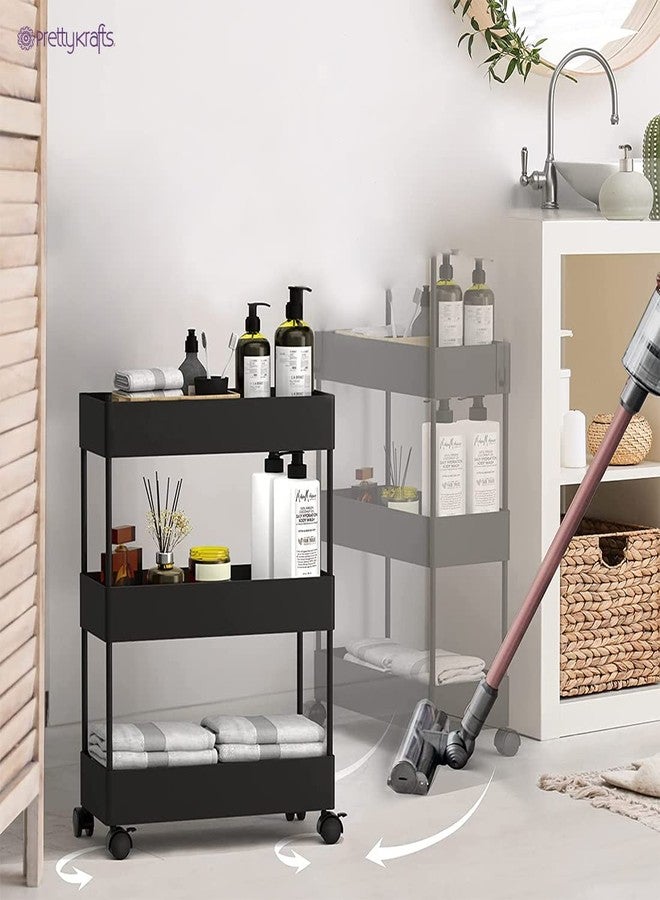 PrettyKrafts 3 Tier Multipurpose Plastic Storage Organizer Slim Rack Shelf with Wheels | Slim Slide Out Kitchen Trolley Rack Holder Storage Organizer for Kitchen, Bathroom (Black) - Image 4